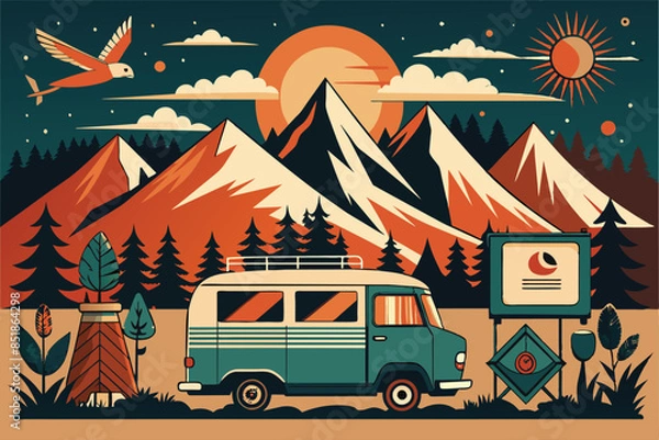 Obraz camping van with moutain inthe backgraund
