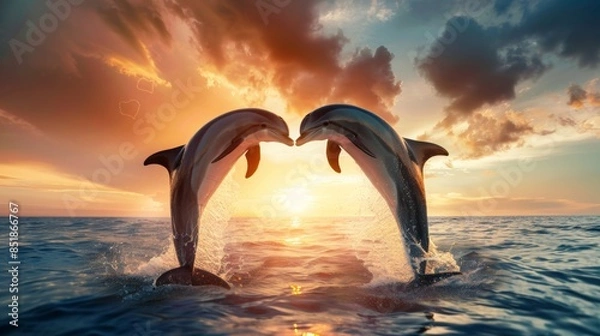Fototapeta Dolphin Love: Romantic Sunset with Two Dolphins Forming Heart Shape in the Ocean