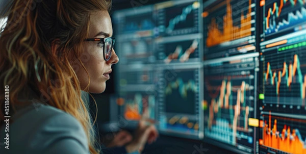 Fototapeta Team of business people engaged in strategy analysis during a stock market recession, focus on interactive data screens, modern office, professional and dynamic. Generative AI.