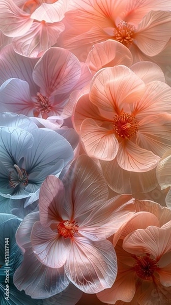Fototapeta A delicate background of overlapping, semi-transparent flower petals in soft pastel colors