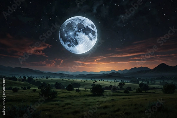 Fototapeta A large moon is in the sky above a mountain range