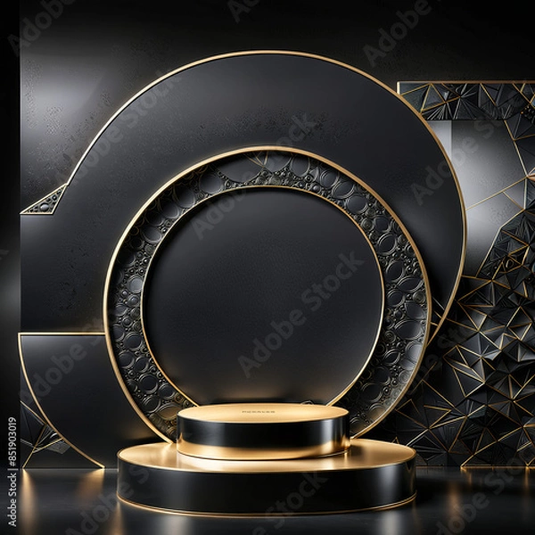 Obraz Empty Flat horizontal cylindrical product stand with product presentation space, one black round podium with geometric pattern on wall for Black Friday sale, Black Friday stage template