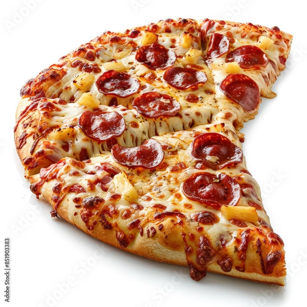 Fototapeta A slice of pizza with pepperoni and pineapple toppings.