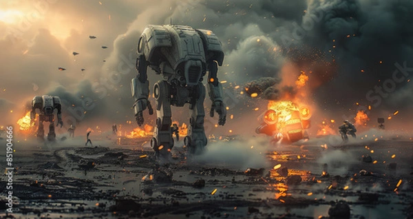 Fototapeta Futuristic battlefield with advanced robots in combat, dark clouds and fire. Generative AI.