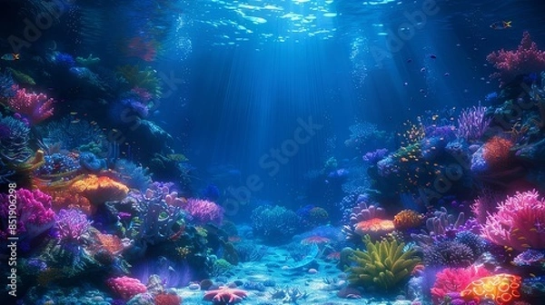Obraz A mysterious background of deep-sea coral reefs with glowing marine life and dark blue waters 