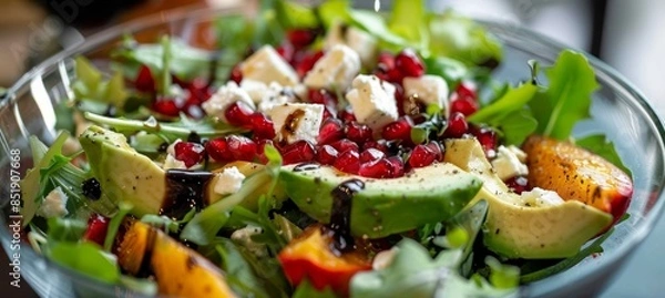 Fototapeta Fresh Avocado and Pomegranate Salad with Mixed Greens, Feta Cheese, and Balsamic Reduction