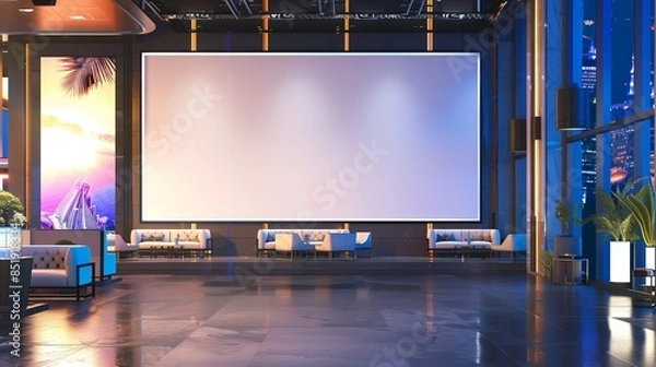 Obraz A contemporary city hotel lobby featuring a blank white mockup on a high-tech digital display wall, with interactive touch screens, LED mood lighting, and a dynamic projection mapping display.