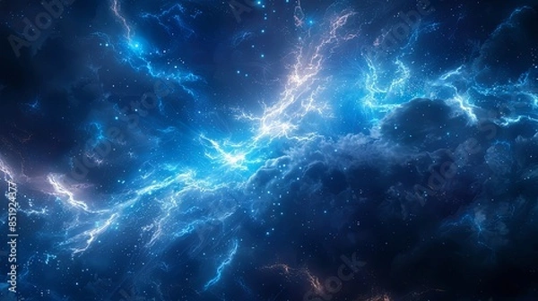 Fototapeta A striking background of electric blue pulses and sparks against a dark, stormy sky