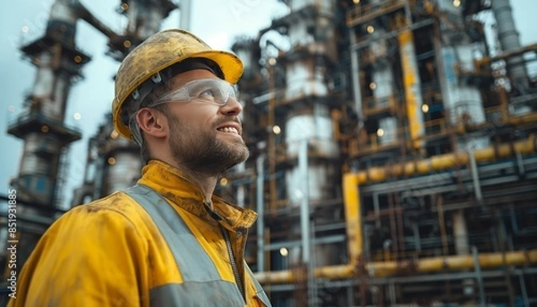 Obraz A worker in safety gear poses in front of an intricate industrial backdrop, possibly at a refinery or factory
