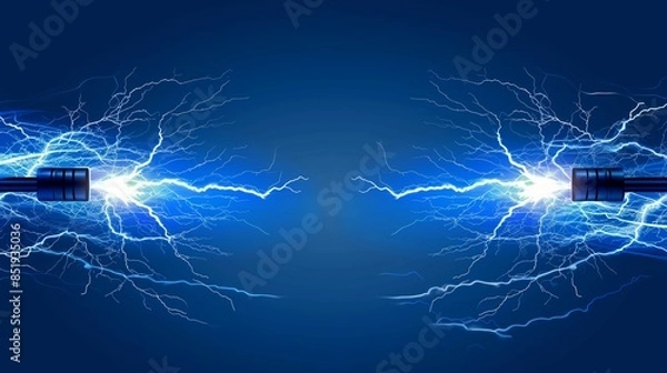 Obraz Electric blue glow on connected wires, Two wires connected to the same power source with one wire glowing electric blue on a dark background