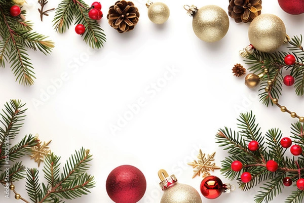 Fototapeta Christmas, New Year card with free space for text. Design for holiday leaflet, invitation, flyer. White background with Christmas tree decorations, pine cones and fir branches.