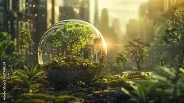 Obraz eco business concept. Tree putting in Crystal global Sustainable glass office building with tree for reducing carbon dioxide