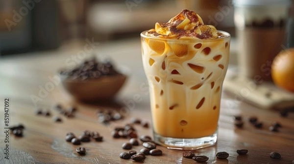 Fototapeta Chilled motivation: cold iced coffee is indispensable helper in hot weather, elevating mood, energizing body, providing perfect blend of coolness, caffeine to power through sweltering days.
