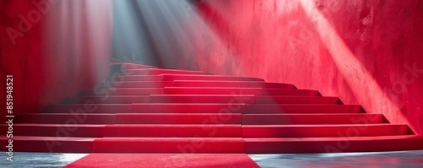 Fototapeta Elegant red carpeted stairs with spotlights shining down creating a dramatic ambiance