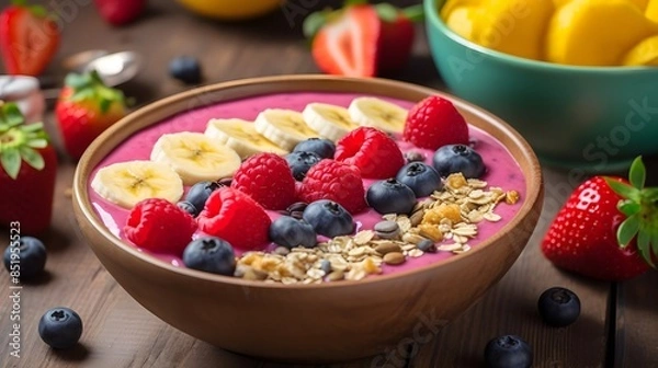 Fototapeta Colorful Acai Smoothie Bowl with Fresh Berries, Banana, and Coconut Toppings.