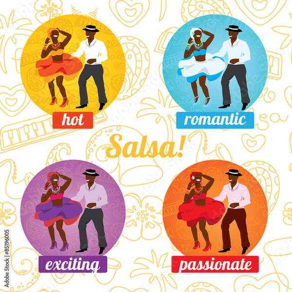 Fototapeta Salsa dancing poster for the party. Cuban couple, palms, musical instruments