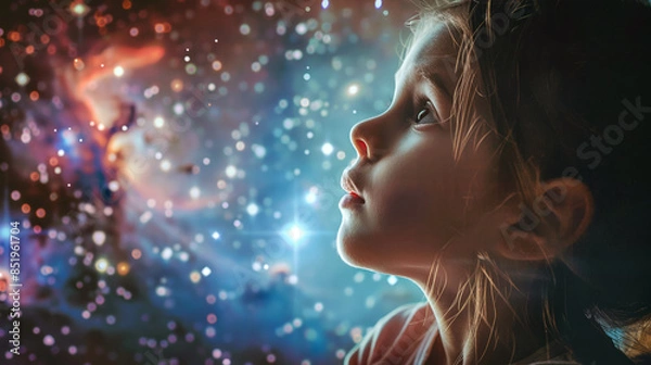 Fototapeta Portrait of little girl dreaming of seeing space and galaxies, as reflection of child mental health.Magic of traveling in Galaxy.Selective focus.Closeup.Generative AI