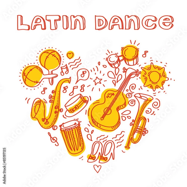 Fototapeta Salsa music and dance illustration with musical instruments, palms, etc.