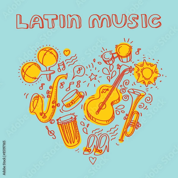 Fototapeta Salsa music and dance illustration with musical instruments, palms, etc.