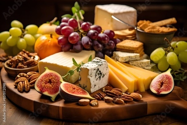 Fototapeta Elegant cheese platter with assorted fruits, nuts, and crackers.