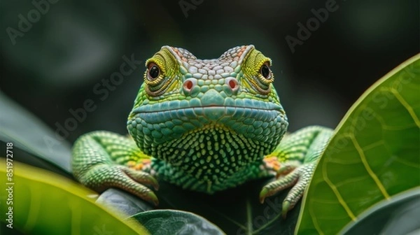 Fototapeta  A tight shot of a green-yellow lizard perched on a branch laden with numerous green leaves
