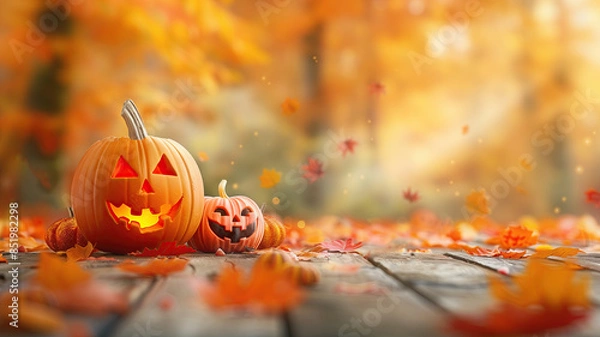 Obraz Halloween pumpkins with forest and copy space