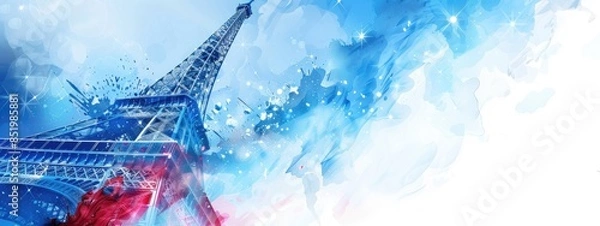 Obraz Eiffel tower in Paris, digital art style, blue and red color scheme, paint splashes, vibrant background,  illustration, closeup shot. on a minimalistic background, like a travel poster