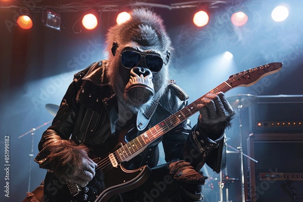 Fototapeta Gorilla in Rocker Kleidung und E-Gitarre in der Hand