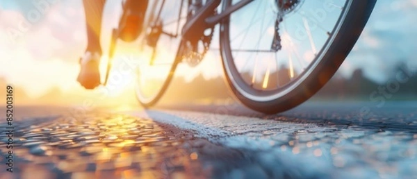 Fototapeta Cyclist riding bicycle on country road at sunset, close-up view with free space, capturing the beauty of nature and motion.