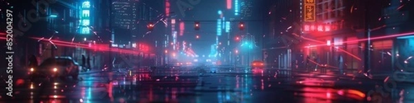 Fototapeta Futuristic design featuring broken grid connections on a dark backdrop, accented by sporadic neon lights creating