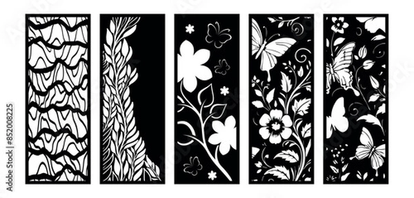 Fototapeta Set of laser cut panel with floral pattern.Borders, fence, screen cut templates