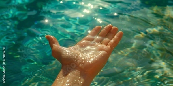 Fototapeta Glistening hand of a person touching clear blue water with droplets and reflection in sunlight, evoking tranquility and nature's purity.