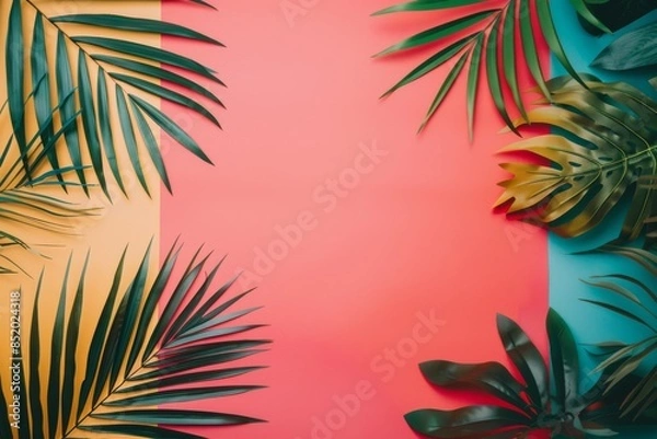 Fototapeta Tropical Leaf Arrangement on Vibrant Pink, Yellow, and Blue Background