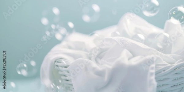 Fototapeta Basket of white laundry and soap bubbles on blue background. Spring cleaning concept, banner with copy space for cleaning service.