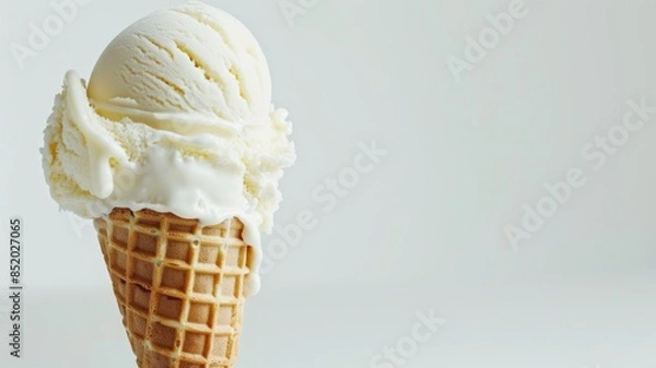 Fototapeta Delicious vanilla ice cream scoop in waffle cone against white background