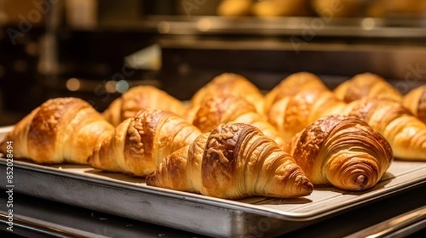 Fototapeta Tray of freshly baked croissants ready for customers to enjoy right out of the oven