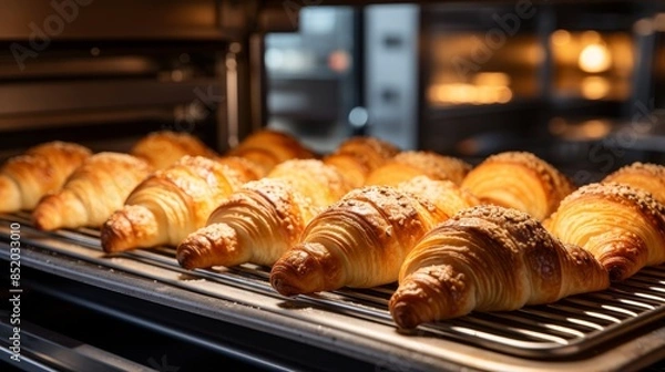 Fototapeta Tray of fresh croissants ready for customers after leaving the oven, perfect for a delightful treat