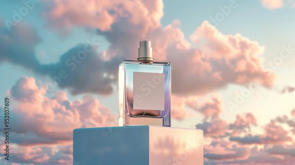 Fototapeta Perfume bottle mockup with white blank label stands on podium against beautiful background for branding product presentation