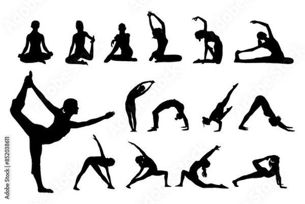 Fototapeta silhouettes of yoga poses, isolated on transparent background,  suitable for sport template design