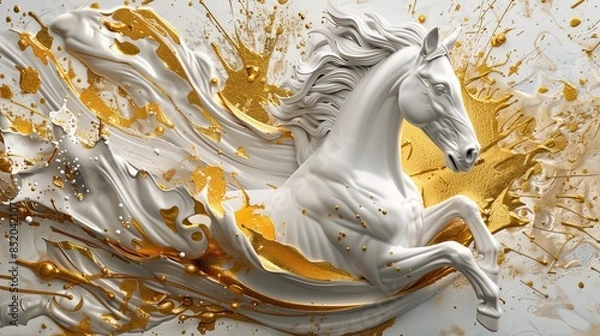 Fototapeta Golden Horse Splash Art Abstract Fluid Motion Dynamic Sculpture. Mural, wallpaper and background gold horse. High quality AI generated image