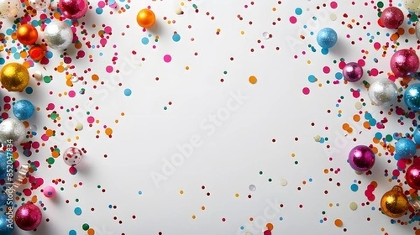 Fototapeta Colorful confetti and baubles scattered on a white background. Studio photography with copy space. Celebration and festive concept. Design for poster, print, banner, greeting card, invitation.
