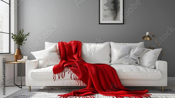 Fototapeta Modern Living Room with Red Throw on White Sofa
