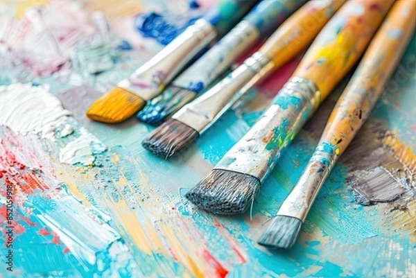 Fototapeta a close up of paint brushes on a table, Join a local hobby group
