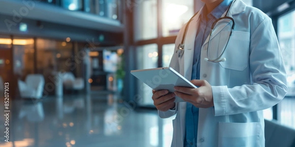 Fototapeta Doctor in a modern hospital lobby using a digital tablet...
