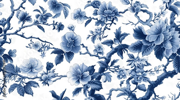 Obraz Detailed blue and white chinoiserie pattern with interwoven vines and blossoms, vintage porcelain style, elegant and intricate floral motifs