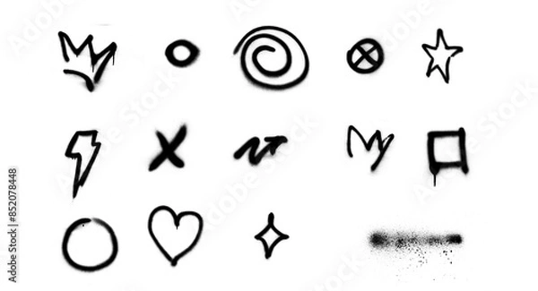 Fototapeta Graffiti symbols. Spray painted heart, crown, circle square, splashes and lines.