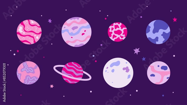 Fototapeta Fantasy planet set. Cosmic elements on dark background. Vector illustration. Celestial objects set isolated.