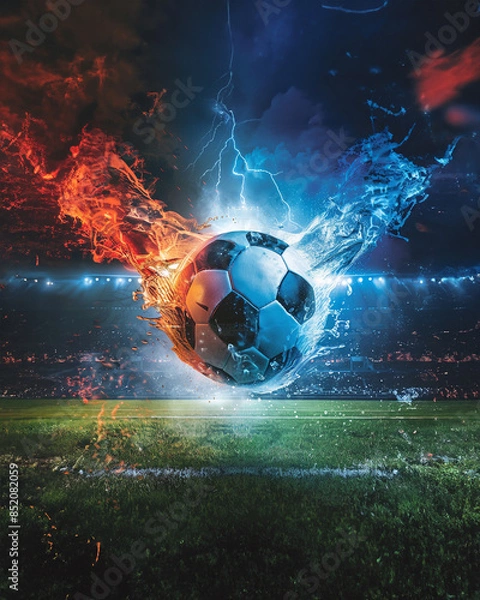 Fototapeta a soccer ball on green field with blur stadium at background