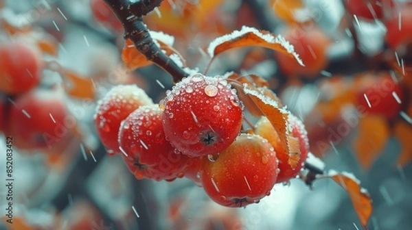 Fototapeta Cluster of Ripe Apples Hanging on Tree