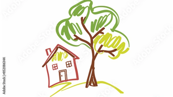 Fototapeta Logo drawing of a house with a tree on a white background made by a child: whimsical and touching design.